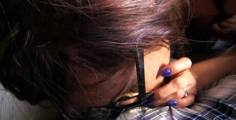 Sexy american Kiki Sweet in glasses taking deep huge cock and takes a cum shot in mouth 