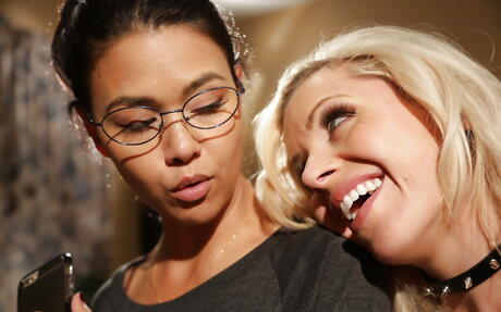 Charming babes Dana Vespoli and Nina Elle in glasses licking hot pussies and enjoy lesbian scissoring 