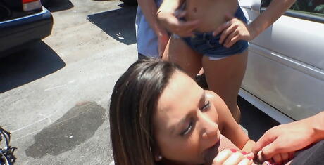 Sexy russian Adrian Maya robbing on big cock and enjoys a cumshot in mouth outdoor