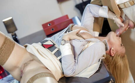 Deluxe american Kathia Nobili drilled in her hairy pussy after good cock suck in office