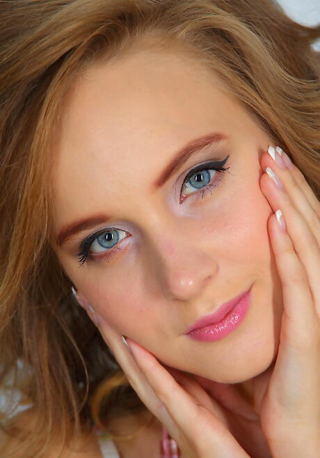 Sylphlike teen Mirabelle in fancy skirt exhibits small tits and hairy twat 