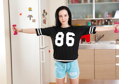 Attractive dark hair cutie Vasilisa in fancy shorts showing big tits and jerking off 