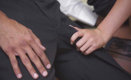 Hot american blonde teen August Ames in stockings take in mouth black cock and takes a cumshot 