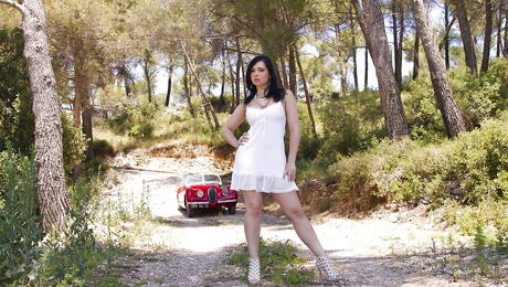 Amazing french hottie Angell Summers in nice skirt revealing her ass and bald pussy outside