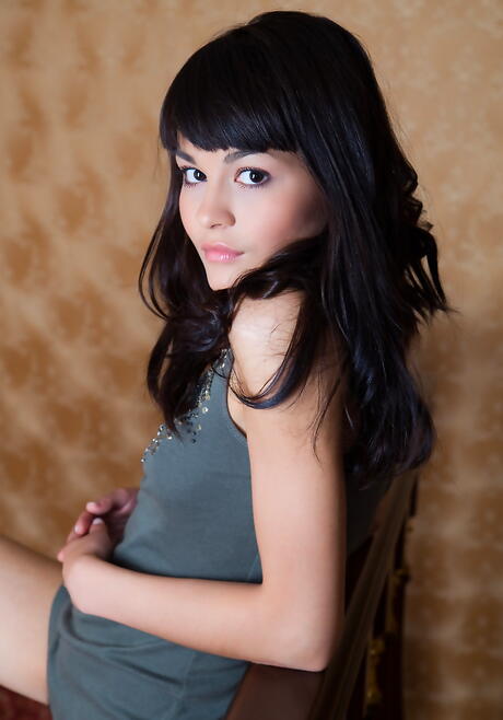 Svelte brunette youthful Landysh A in sexy undies baring tiny tits and spreading her legs 