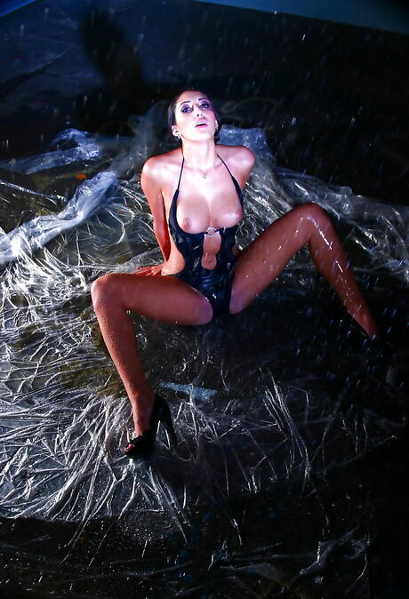 Enticing dark-haired porn star Angelica E in hot bikini showing big tits and sissy 