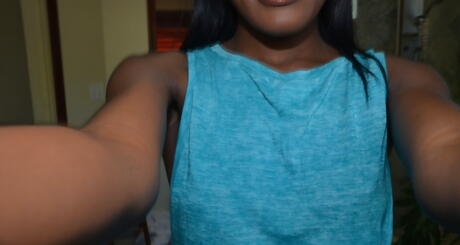 Superb ebony babe Princess in tight jeans showing shaved pussy 