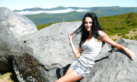 Svelte czech brunette teen Sapphira A unveiling small tits and spreading her legs outside