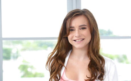 Slim american youthful Kharlie Stone in shorts exhibiting small tits and pussy 