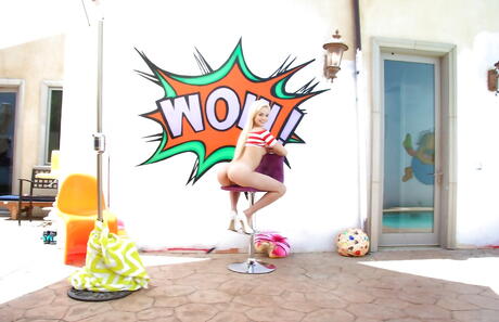 Slender american teen Elsa Jean in fancy shorts exposing her butt and vagina outdoor