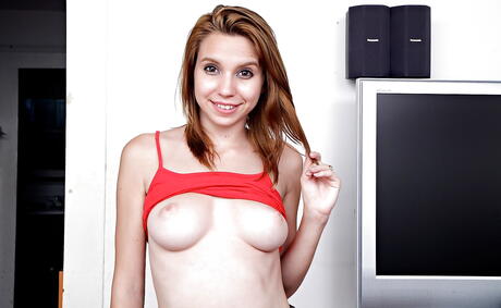 Luscious american youthful Cece Capella in shorts denudes big tits and masturbates 