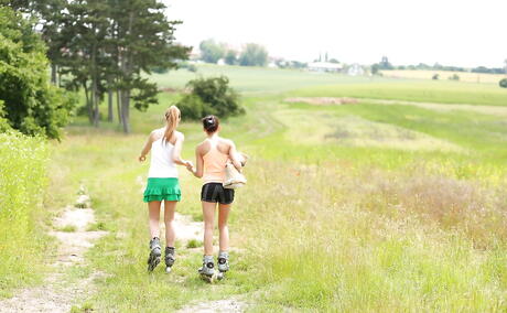 Amazing girls Alexis Crystal and El Storm licking hot pussies and playing with toy outside