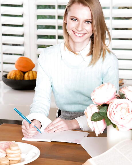 Foxy russian blonde youthful Catarina Petrov exposes small tits and vagina in kitchen