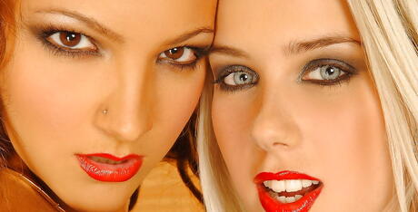 Very attractive girls Nesty Nice and Sabrina Sweet in pantyhose licking juicy pussies during hot lesbian sex 