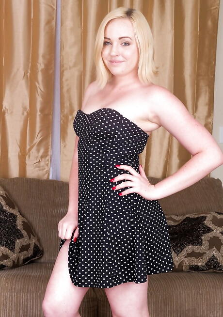 Luscious blonde teen Miley May reveals her ass in sexy skirt and jerking off 