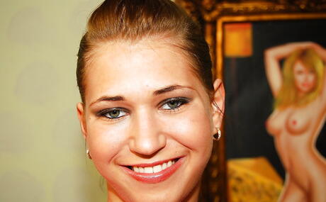 Lovely hungarian hottie Linda Ray in shorts showing big hooters and playing with dildo 