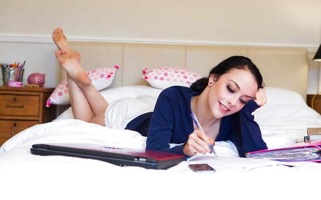 Excellent british brunette Alessa Savage in fancy pantyhose exposing her butt 