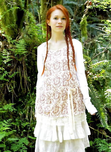 Gracile american red-haired young Dolly Little exhibiting small tits and bald pussy outdoor