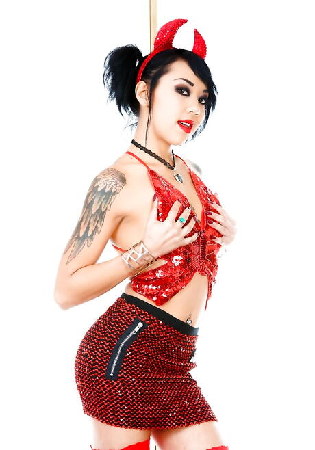 Sexy american brunette Kimberly Chi in cosplay costume in strange fetish gallery 