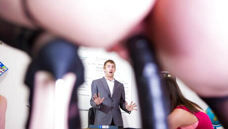 Curious british red-haired Jasmine James in sexy skirt work with wet lips on big dick and enjoys a cum shot in mouth 