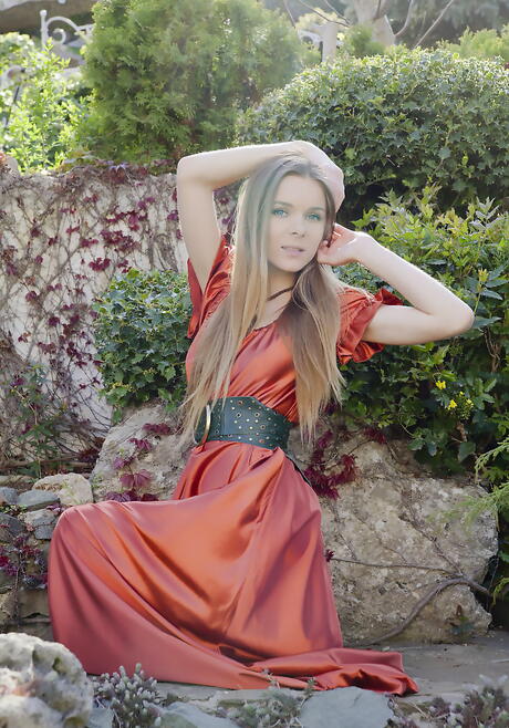 Sylphlike blond youthful Karissa Diamond in nice skirt baring small tits and hairy twat outdoor