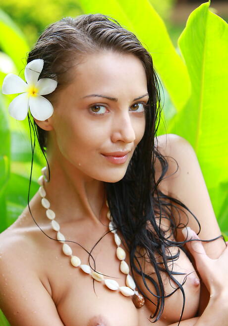 Luscious dark hair babe Anna Aj shows her ass and spreads her legs outside