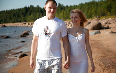 Slim blonde teen Mariana in sexy panties in xxx fuck and suck scene on the beach