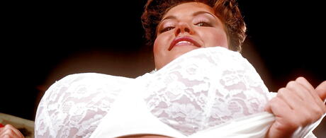 Sultry american aged Diane Poppos in sexy stockings exposing big tits and nice pussy in office