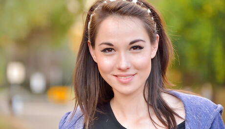 Foxy american brunette teen Emily Grey in sexy shorts revealing tiny tits and hot ass outdoor