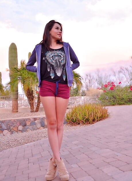 Foxy american brunette teen Emily Grey in sexy shorts revealing tiny tits and hot ass outdoor