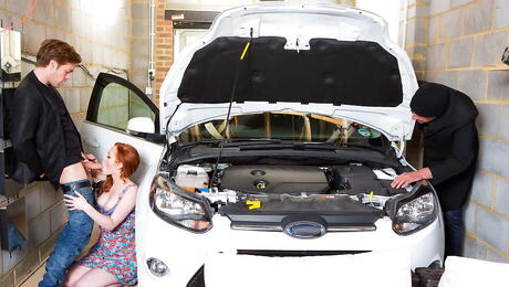 Gracile british redheaded youthful Ella Hughes in nice skirt sucking on huge dick and takes a hot cum shot 