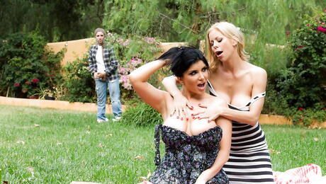 Alluring mommies Romi Rain and Alexis Fawx enjoy hardcore threesome action outdoor