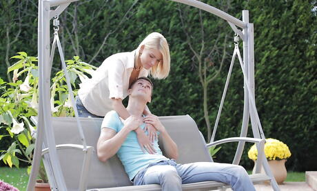 Excellent ukrainian blonde teen Karina Grand in jeans in sex scene outdoor