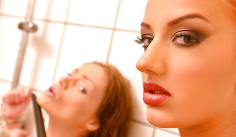 Sexy girls Aylin Diamond and Sophie Lynx in sexy lingery masturbating with sex toy 