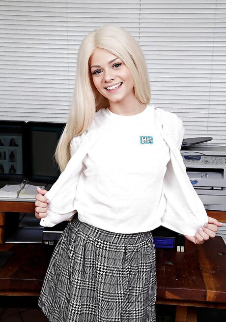 Excellent american blonde teen Elsa Jean in nice skirt denudes tiny tits and shaved pussy in office