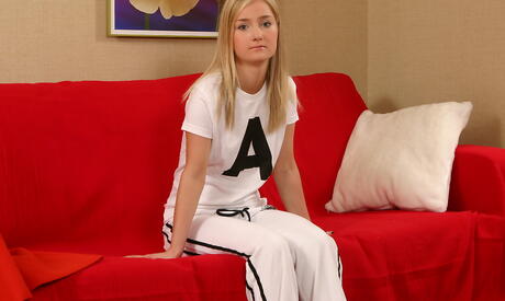 Slim teen Olga uncovering tiny tits and jerking off 