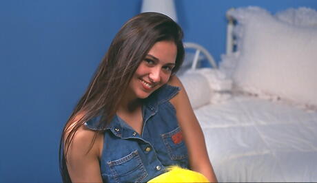 Excellent brunette youthful Adrianna in sexy panties exposing small tits and spreading her legs 