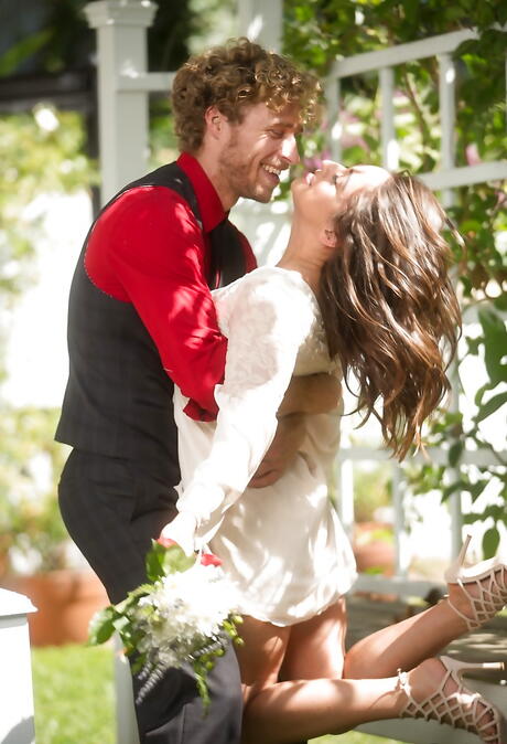 Sexy latin pornstar Sara Luvv in fancy skirt baring tiny tits and butt outdoor