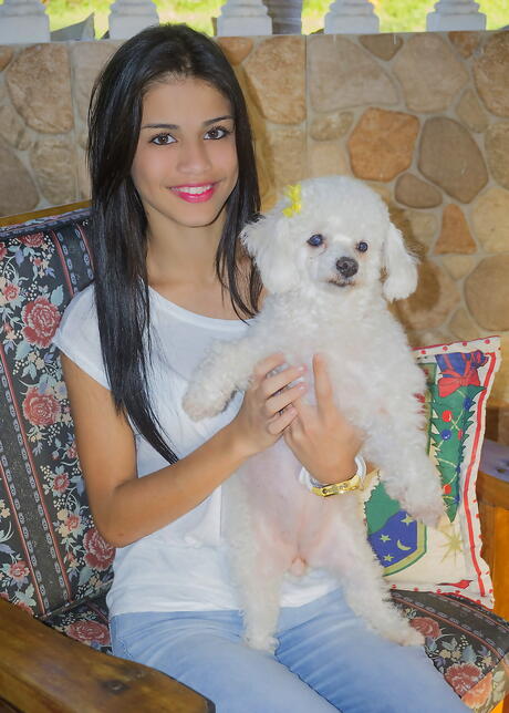 Foxy venezuelan brunette teen Denisse Gomez in jeans reveals big titties and masturbates near the pool