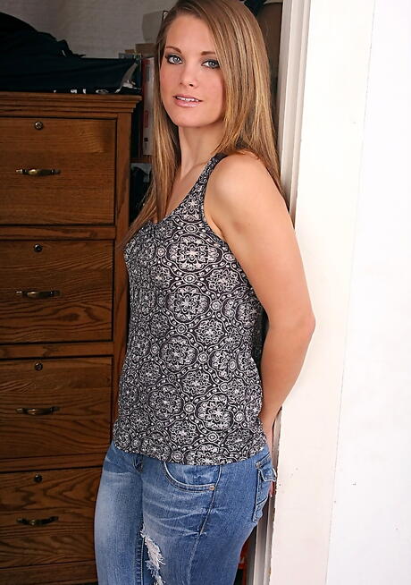 Sexy american teen Megan Fenox in jeans showing big hooters and spreading her legs 