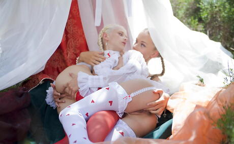 Gracile cuties Milena D and Nika N licking wet pussies in the hot lesbian sex outdoor