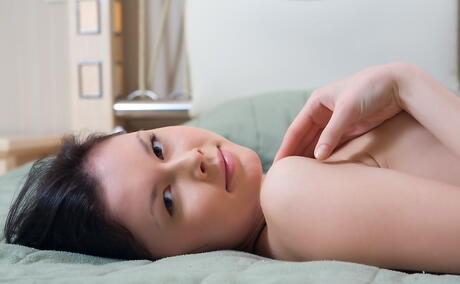 Slim dark hair teen Gia B in sexy panties revealing big tits and hairy pussy 