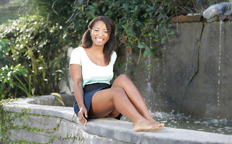 Sexy american cutie Ivy Sherwood in fancy skirt shows big titties and bald pussy outdoor