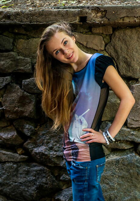 Sylphlike youthful Karissa Diamond showing tiny tits and spreading her legs outdoor