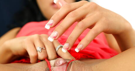 Sexy brunette hottie Lolly Pop uncovers small tits and masturbates 