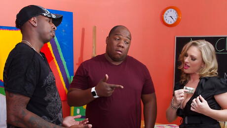 Attractive american milf Vicky Vixen in nice skirt rammed by black cock after good cock suck 