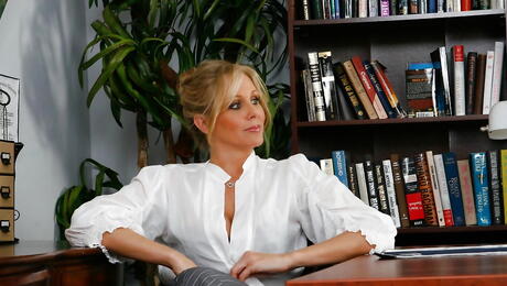 Superb girls Katie Kox and Julia Ann in underwear licking tasty pussies and playing with sex toy in office