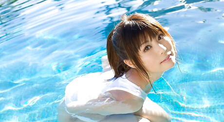 Adorable japanese cutie Aya Hirai in fancy skirt showing her beauty near the pool