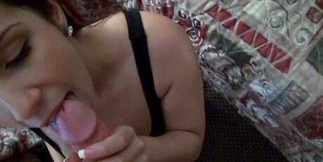 Sexy Ginger Steele try to deep sucking huge rod and takes a cum blast in mouth 