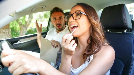 Peachy american dark-haired milf Sara Luvv in glasses suck big dick and fucked hard in car